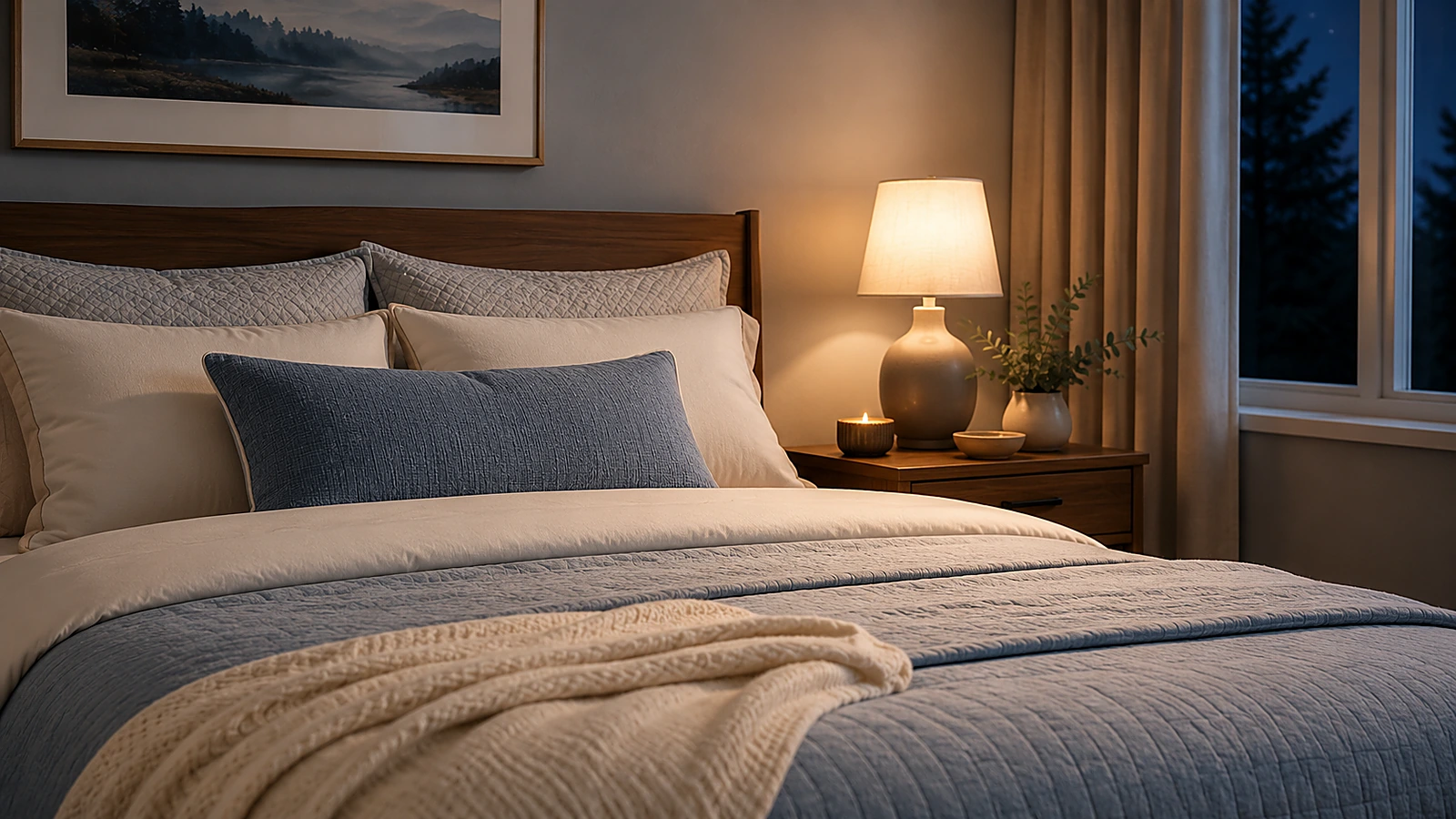 A styled bedroom with a warm lamp, art print, and layered pillows