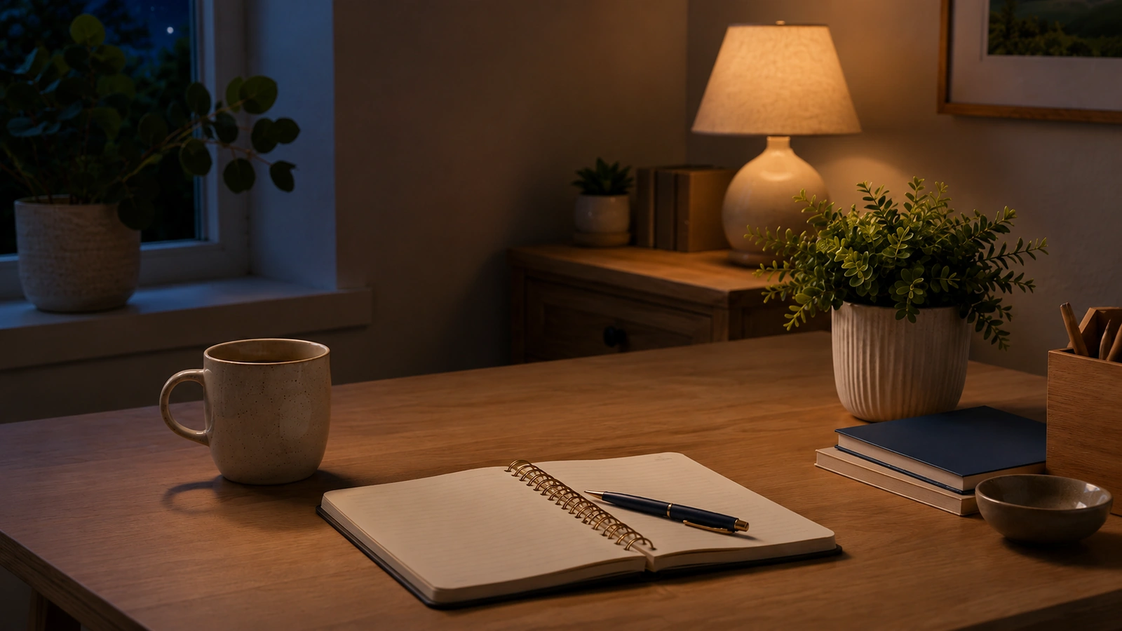 The same notebook and mug on a lamplit desk at night