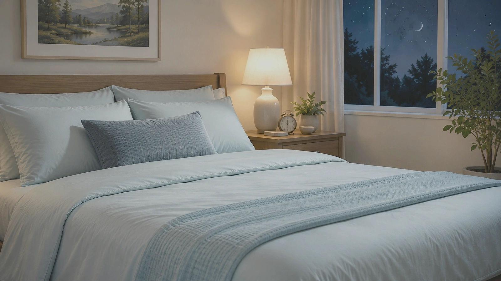 The same cool-toned bedding shown dimly lit at night
