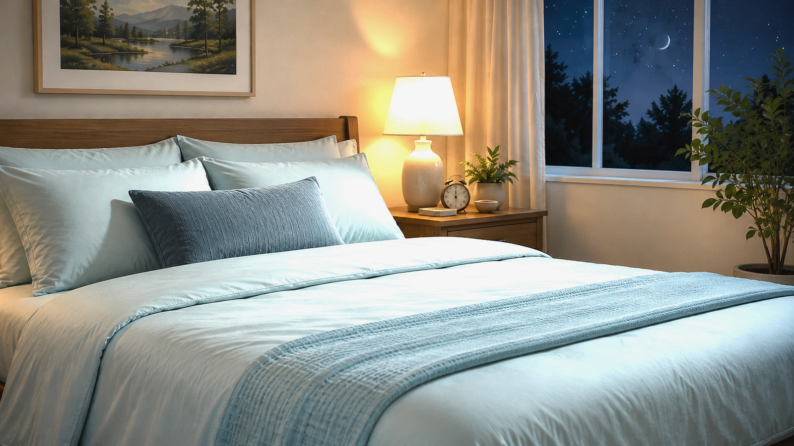 A bed layered with breathable, cool-toned bedding in a calm bedroom