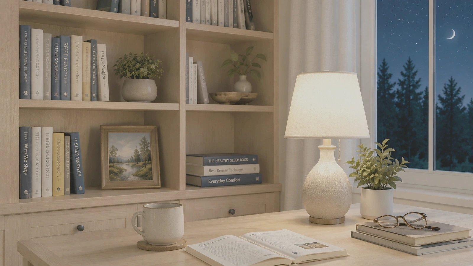 The same bookshelf and desk lit warmly by lamplight at night