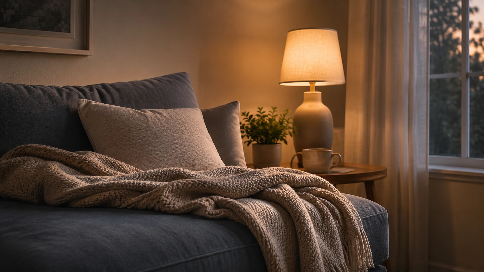 A cozy lamplit sofa corner with a folded blanket in the evening