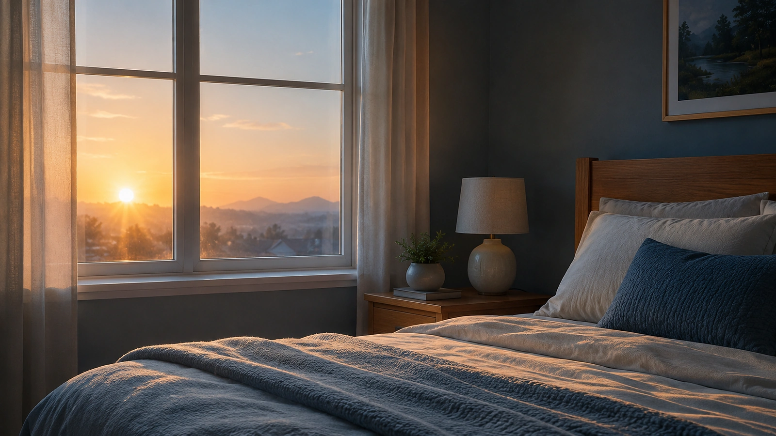 A bedroom window looking out over hills at sunset, with a bedside lamp